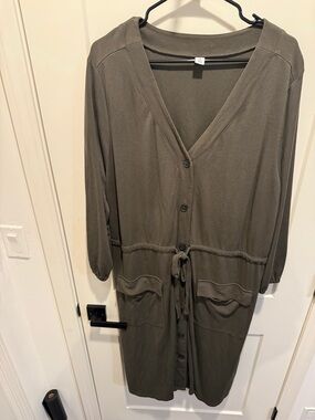 Old Navy Olive Green Long-Sleeve Button-Front Drawstring Dress